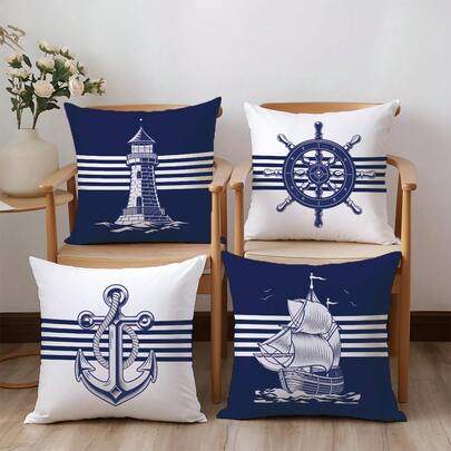 4件套海军蓝海洋主题抱枕套，图案包括锚、船舵、帆船和灯塔，单面柔软桃皮绒面料，45*45厘米，适用于家居卧室、客厅、派对、节日装饰，沙发装饰抱枕套，不含枕芯