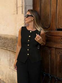 Chaqueta/chaleco de negocios de unicolor opaco sin mangas con cuello redondo y botones metálicos de estilo retro elegante, chaleco de punto ajustado casual de verano para mujer en color negro - Negro - Ver 2