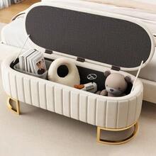 Storage Sleeping Case And Footstool 120 X 40 Cm, Upholstered Footstool With Storage Space, Sofa Bench, Beige Velvet Fabric - Beige - View 1