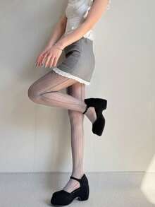 1 Pair Vertical Striped Fishnet Stockings, Retro Striped Pantyhose - Grey - View 1