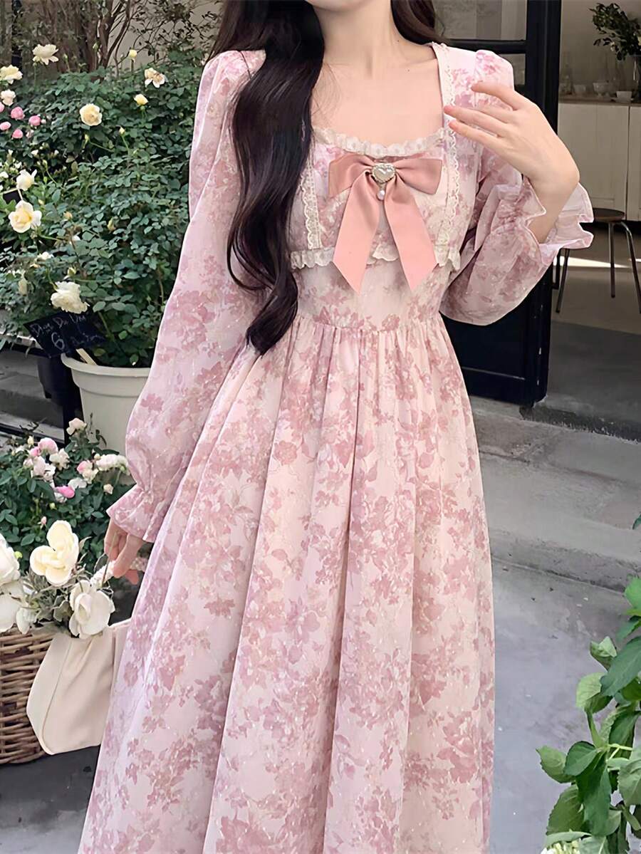Women's Pink Floral Lace Patchwork Square Neck Long Sleeve Maxi Dress, Ruffle Hem, Detachable Bow, High Waist Slim Dress, Elegant Dress For Dating, Party, Vacation, Easter Outfit, Women's Summer Clothes - Hồng - Xem 1