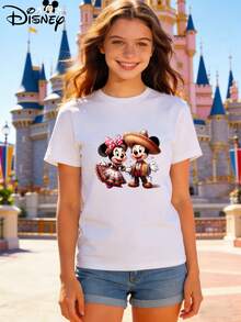 Women's Casual White Cotton Short-Sleeved Crew Neck T-Shirt, Printed With Mickey And Minnie Mouse Patterns. The Loose Fit Is Perfect For Taking Photos At Disneyland, As A Travel Souvenir, For Everyday Casual Wear, Or For Matching Family Outfits. It Also Makes An Ideal Valentine's Day Gift For Friends And Family. Women's Clothing, New Spring Style, Comfortable And Skin-Friendly, Suitable For Outdoor Wear. - White - View 1