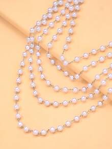 1 pieza Cadena de hombro de perlas multicapa, accesorio de Body sexy para vestido de fiesta de moda europea y americana - Plateado - Ver 4