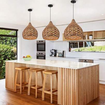 12.99-Inch Handmade Woven Bamboo Pendant Light, Boho Style, Handcrafted Seagrass Lamp Fixture, Natural Rustic Decor For Kitchen Island, Dining Room, Bedroom, Entryway, Cafe (Bulb Not Included)