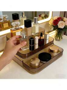 3-Tier Stepped Polished Plastic Cosmetic Storage Box - Lightweight & Portable, Independent Display Rack, Suitable For Vanity, Desk, Kitchen And Bathroom - Portable Storage Solution, Makeup Organizer - مشاهدة 3