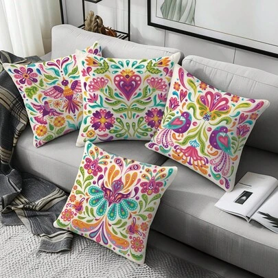 4 pezzi Federe per cuscini stile messicano vintage con motivi floreali e di uccelli, tessuto in velluto pesca morbido stampato su un lato, dimensioni 45*45CM, adatte per decorazione domestica, camera da letto, soggiorno, feste, divani. (Imbottitura cuscini non inclusa)