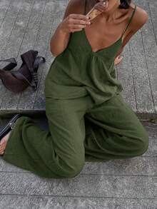 Vaiaye 女士两件套：优雅吊带上衣和宽松抽绳裤，亚麻深V露背吊带上衣搭配宽松腰裤，性感可爱优雅浪漫夏季两件套 - 綠色 - 查看 7