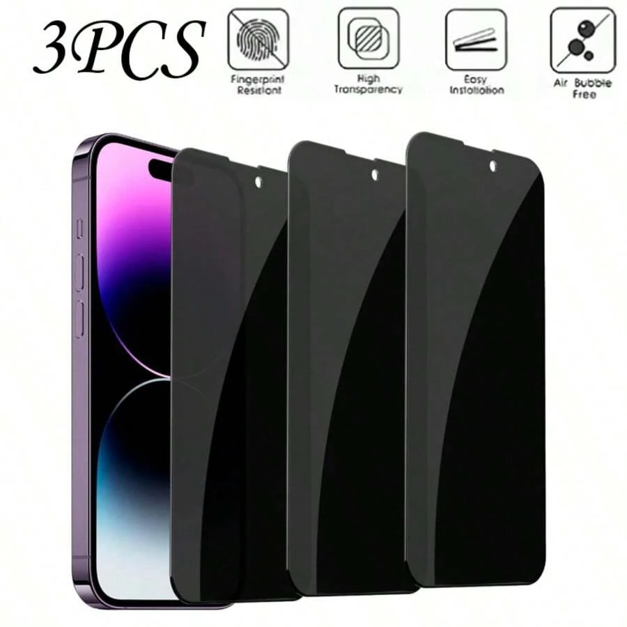 3pcs Anti-Peeping Tempered Glass Screen Protector Compatible With IPhone 11, 12, 13, 14, 15, 16, 17 Series - Black - View 1