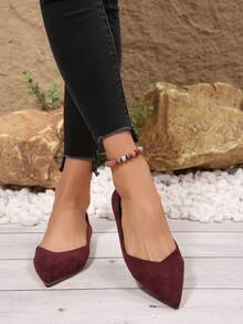 2026 女士经典平底纯色鞋，仿麂皮时尚套脚设计，柔软轻便，宽楦百搭，适合居家、办公、散步、旅行和度假等各种场合。 - 酒紅色 - 查看 4