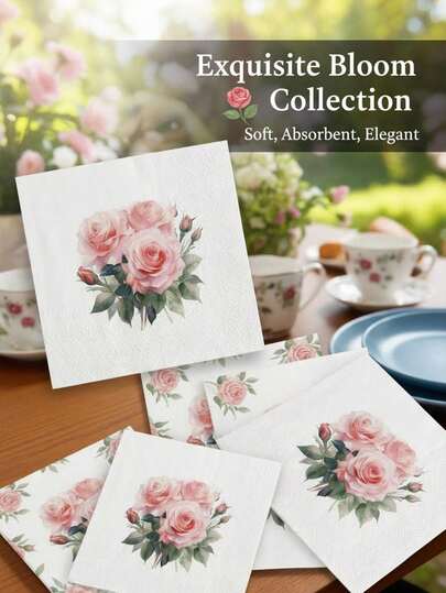 50/20/1pc Disposable Birthday Party Tableware, Pink Rose Printed Napkins, 10*10 Inch 3-Layer Thickened Napkins For Family Summer Outings, Portable Napkins, Restaurant Kitchen Essentials, Easter Decorations