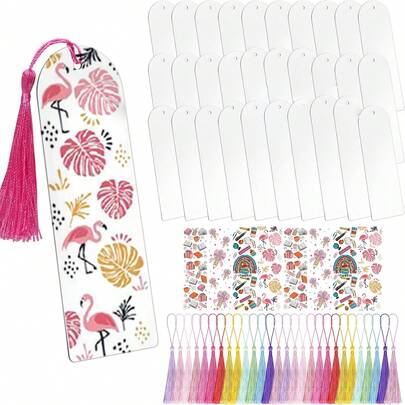 64pcs Creative Cute Half-Circle Acrylic Bookmarks Set, Includes Decorative Stickers, Colorful Tassels, DIY Painting & Sticker Craft Bookmark Gifts