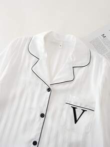 2pcs White Women Striped Embroidered Silk Pajama Set, Lapel Long Sleeve Sleepwear - 白色 - 查看 3