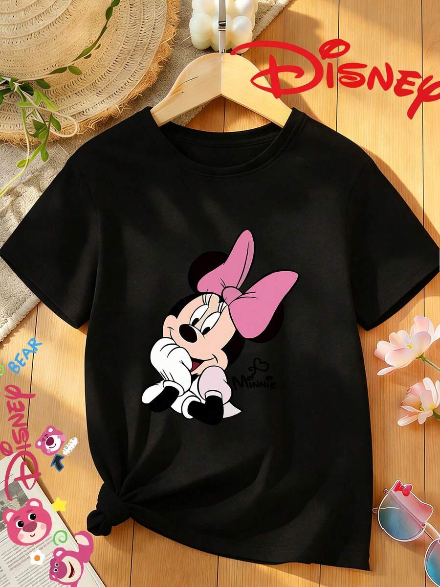 Disney Officially Licensed Stitch Print, Women's High-Waisted Slim-Fitting Short-Sleeved T-Shirt, Casual Beach Short-Sleeved Top - 黑色 - 查看 1