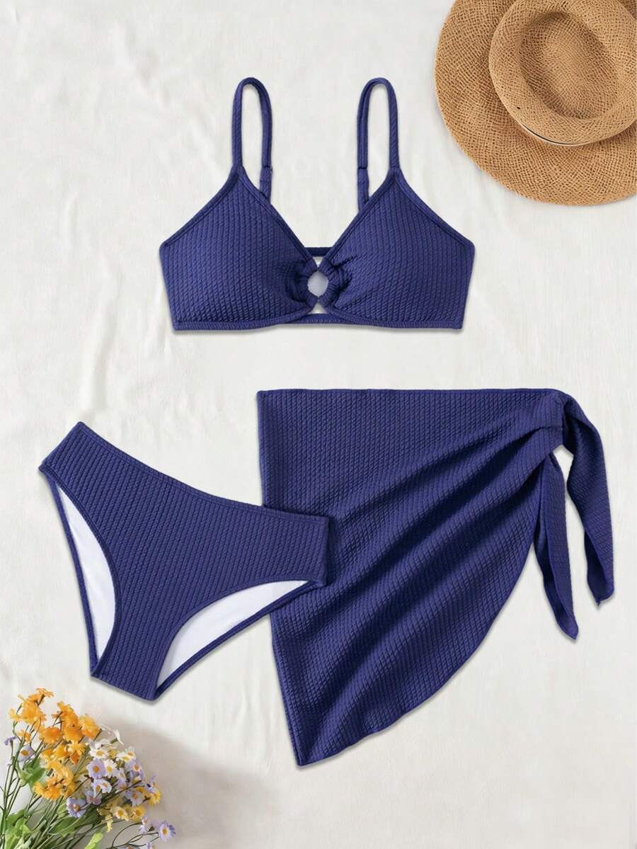 Bộ bikini dệt kim jacquard 3 mảnh dành cho bé gái tuổi teen, thiết kế cổ chữ V lớn, kèm áo khoác ngoài, thích hợp cho đi biển, nghỉ hè. - Màu xanh lam - Xem 1