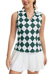 MathCat Womens Golf Shirt, UPF 50+ Argyle Tennis Polo, Sleeveless Lightweight Sports Athletic Tank Tops - 綠白印花 - 查看 3