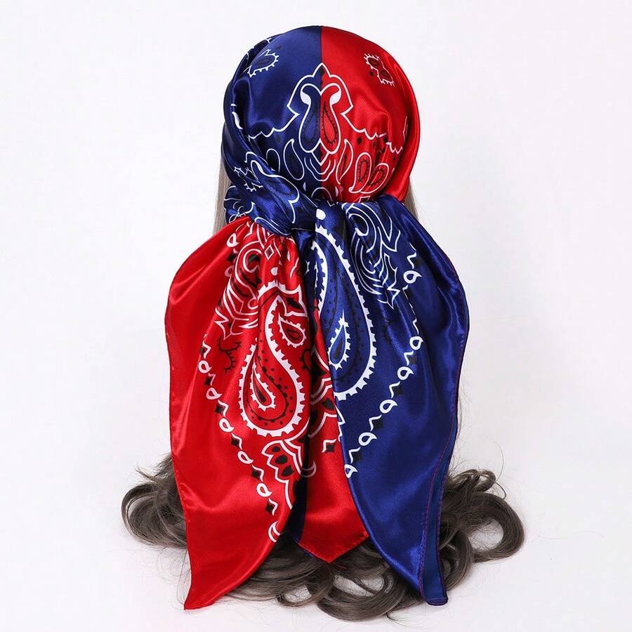 1条90厘米缎面佩斯利花纹印花女士方巾，休闲防晒头巾，大披肩 - 藍紅 - 查看 1