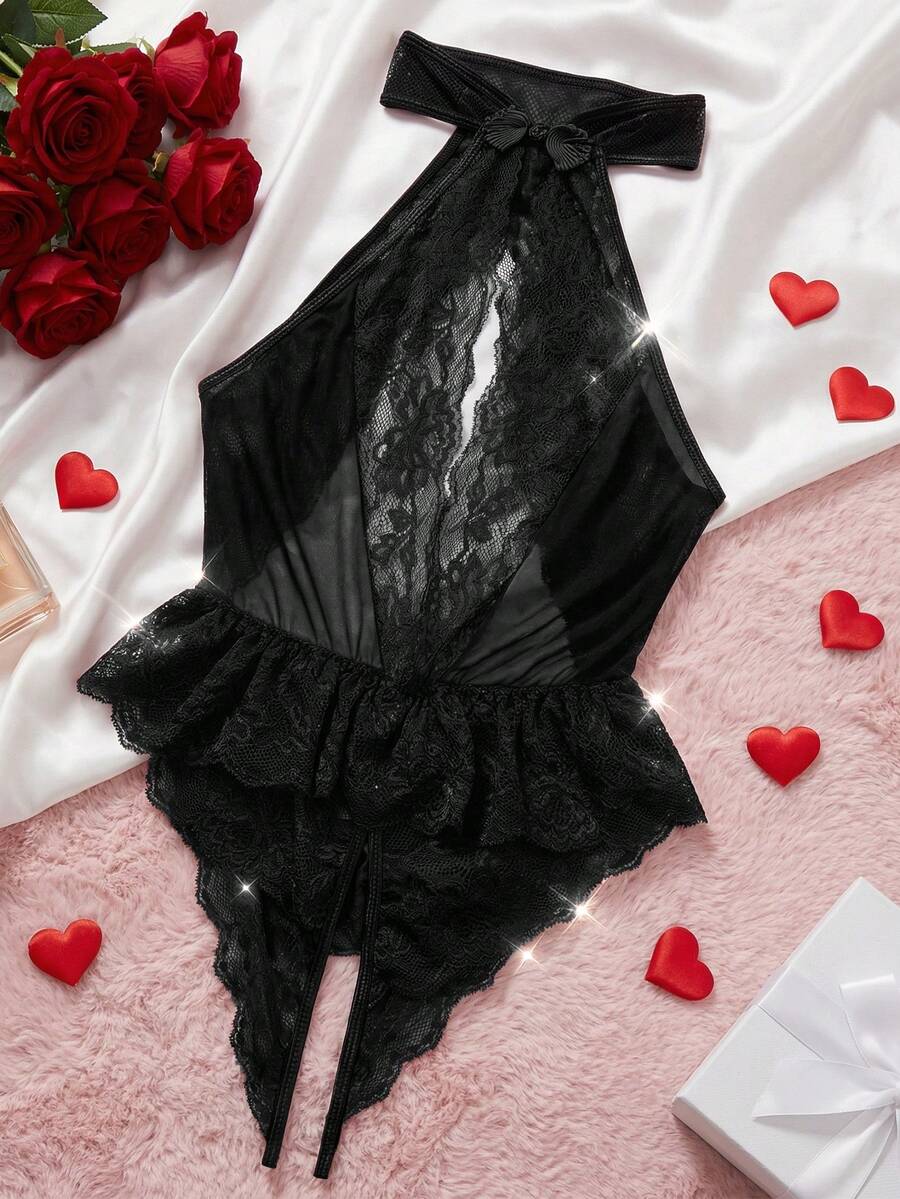 一件性感黑色蕾丝露背连体裤，配有圆形扣带 - 黑色 - 查看 1