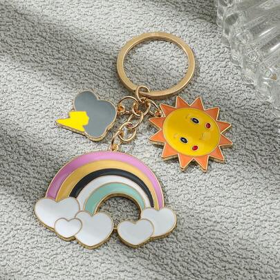 1 pieza Llavero de metal con diseño de sol arcoíris de dibujos animados, elegante e interesante, accesorio decorativo Kawaii personalizado para bolso, adecuado para uso diario