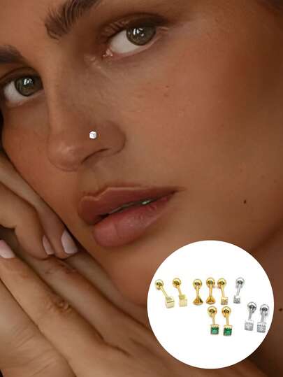 1pc S925 Sterling Silver Nose Stud, Minimalist Luxury Threaded Ball, Fan, Square, Triangle Nose Piercing Jewelry, Suitable For Body Piercing, Club Party, Daily Wear, Birthday Gift For Friends