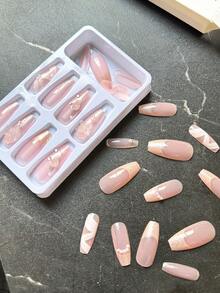 24入組中長款芭蕾風格指甲，時尚、優雅、簡約，3D蝴蝶與白色花卉設計，法式風格，鑲嵌寶石和閃粉裝飾，適用於派對、舞蹈及日常穿戴使用的即貼式指甲用品 - 彩色 - 查看 4