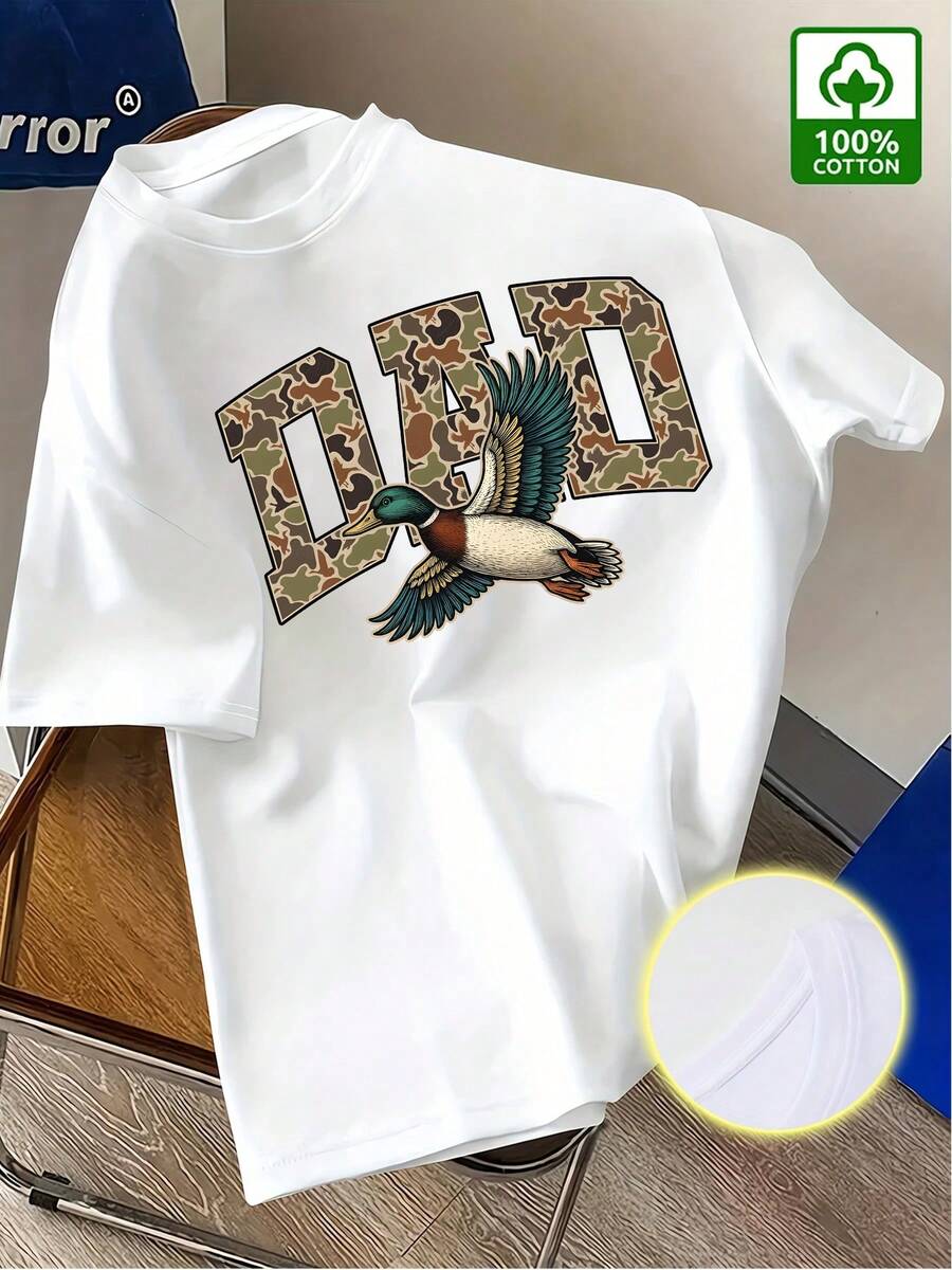 Father Themed Camouflage Dad - Men's 100% Cotton T Shirt Vintage Street-Style Graphic Tees,Comfortable Crew Neck Short Sleeves,Essential For Men's,Father's Day Gift - 白色2 - 查看 1