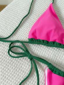 Set Bikini Halter Tanpa Punggung Warna Pink Polos Baru, Cocok untuk Pantai, Pesta Kolam Renang, dan Liburan Musim Panas. - Hot Pink - View 7