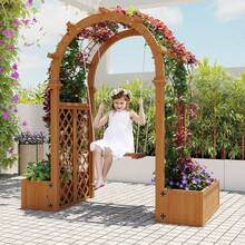 Árbol de jardín de madera con cajas de plantador y columpio, 65 pulgadas al aire libre arco rejilla con pérgola para plantas de escalada uvas - Decoración del patio trasero, fiesta, bodas - Color de la madera - Ver 3