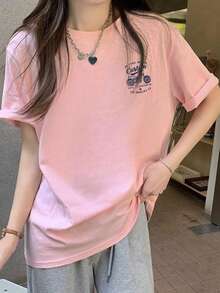 Damen-T-Shirt mit lockerer Passform, Rundhalsausschnitt, Buchstaben- und Motorrad-Grafikdruck, kurzen Ärmeln, vielseitig für Frühling/Sommer, Schwarz, Kleidung, T-Shirts für Männer - Pink - Übersicht 2