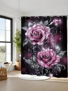 1/4 件套水晶玫瑰花卉印花防水浴帘套装，加厚涤纶防霉浴室帘，含 12 个挂钩、防滑垫、U 型垫和圆形马桶盖套 - A - 查看 1