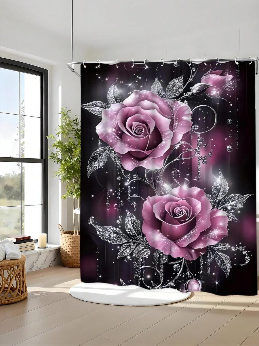 1/4 件套水晶玫瑰花卉印花防水浴帘套装，加厚涤纶防霉浴室帘，含 12 个挂钩、防滑垫、U 型垫和圆形马桶盖套 - A - 查看 1