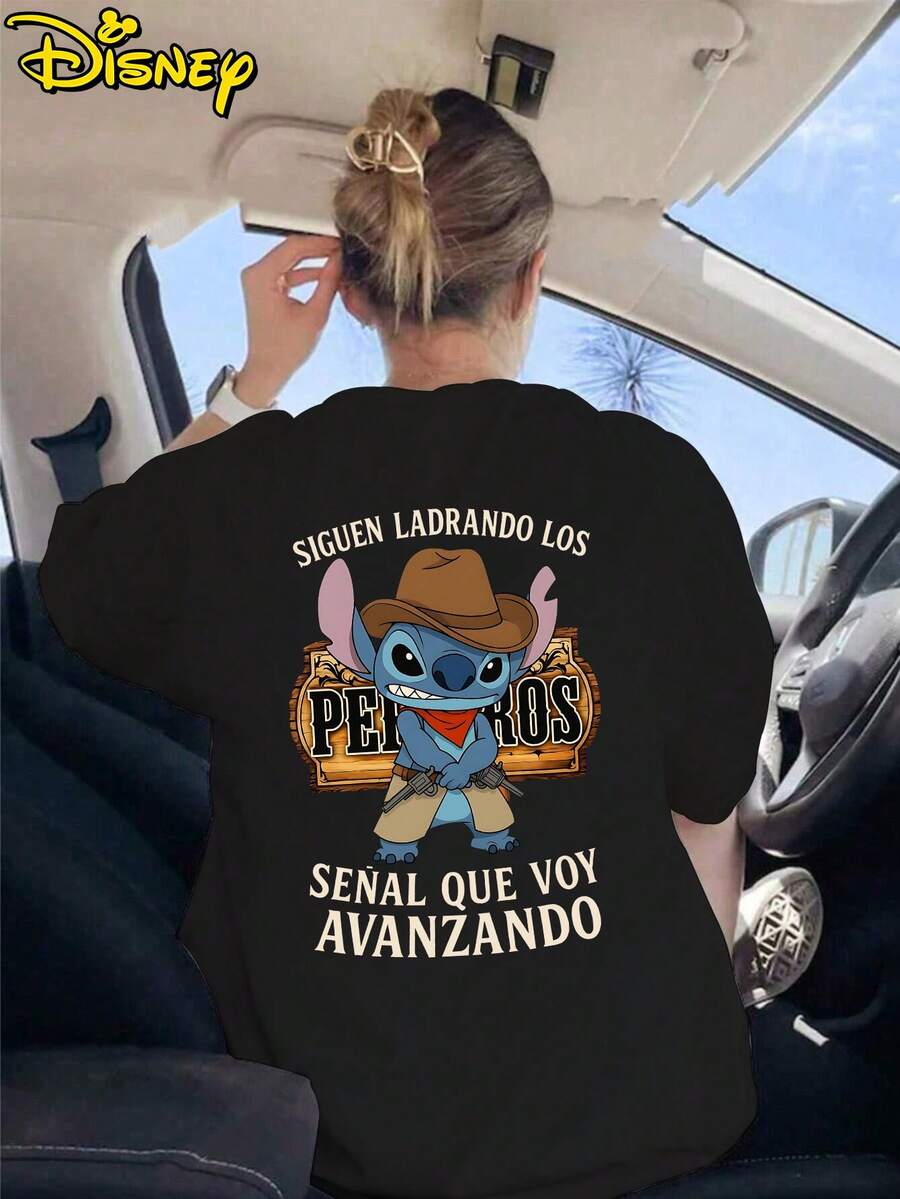 Disney Lilo & Stitch Cowboy Stitch Oversized T-Shirt: Black Loose Fit Cotton Tee With Western Style Graphic, Perfect For Theme Park Visits, Casual Wear And Stitch Fans, Ideal Gift - 黑色 - 查看 1