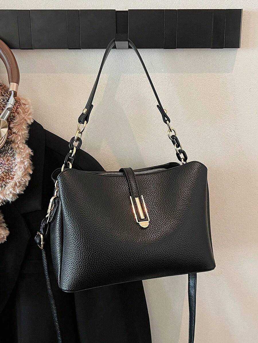 Fashionable & Elegant Solid Color Wide Strap PU Leather Women Tote Bag Shoulder Bag