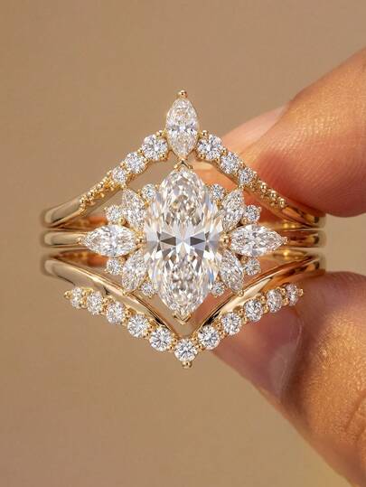 3pcs V-Shaped & Horse Eye Shaped 925 Sterling Silver Sparkling Ring Set, Suitable For Daily Wear, Dates, Exquisite Jewelry Gift For Women, New Year Gift, Valentine's Day Gift