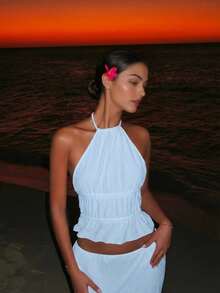 Dravelle Set de 2 piezas Traje informal de falda de cintura alta con parches, para mujer, para vacaciones de verano, citas, conjunto de playa elegante - Azul - Ver 5