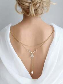 1pc New Arrival Double-Layer Tassel Back Chain Necklace, European And American Fashion Bridal Wedding Pearl Pendant Necklace - Love Heart - View 1