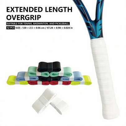 Bộ 12 miếng quấn cán vợt tennis màu trắng/nhiều màu - Thấm hút mồ hôi, chống trượt, giảm sốc, chất liệu PU bền, kích thước 1200x25x0.6mm, phù hợp với vợt tennis và cầu lông.