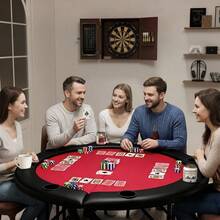 Mesa plegable de póquer para 8 jugadores, mesa redonda de 48 pulgadas, con fieltro de calidad casino y portavasos, para Texas Holdem, noches de juegos en casa, sala de juegos - Borde negro + rojo - Ver 7