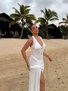 MORI 2026 春夏新款女士白色深V领修身针织长裙罩衫，针织面料，开衩设计，镂空纹理，波西米亚风，大气罩衫，纯粹性感时尚，夏季海滩度假装扮，优雅派对礼服，海滩之旅 - 白色 - 查看 4