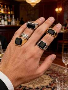 1枚男士方形几何戒指，316不锈钢镀18K金真空防水水钻戒指，适合日常休闲商务度假佩戴 - 幾何男士戒指 - 查看 5