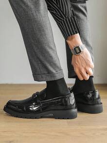 男士鳄鱼纹厚底乐福鞋 | 金属扣商务休闲一脚蹬正装鞋 - 黑色 - 查看 8