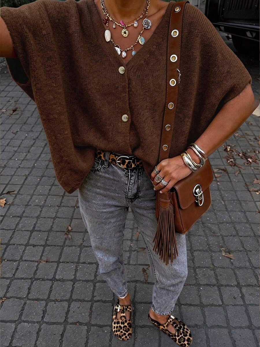 FOR BEAUTY Summer Y2K Women's Brown V-Neck Button Short Sleeve Knit Cardigan, Loose Fit, Casual Fashion Dropped Shoulder Design, Beach Vacation Date Top