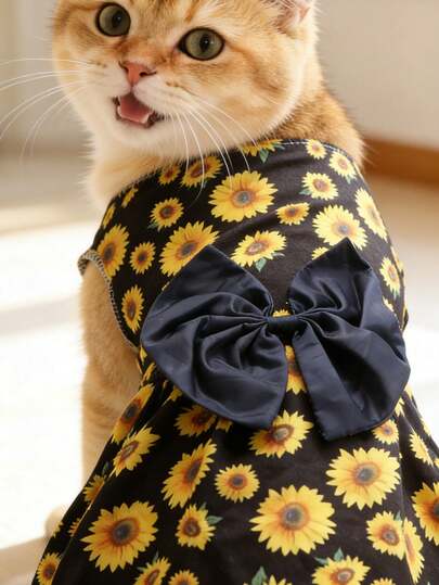 1pc Pet Non-Stretch Polyester Thin Floral Dress, Cartoon Butterfly Print Cute Dress Suitable For Small/Medium Cats