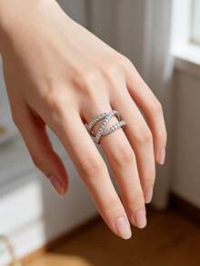 Silver Plated Cubic Zirconia Stackable Rings Set, Twisted/Leaf/Infinity Open Band Rings, Elegant Minimalist Jewelry For Women, Daily & Party Wear - Sexy Lines YR0844 - View 6