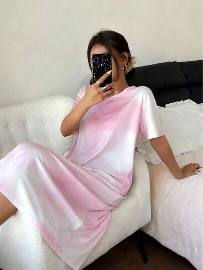 Dreamivo Áo ngủ dài tay ngắn cho nữ, váy ngủ màu hồng nhuộm tie-dye, váy dài dáng rộng, váy ngủ mềm mại thoải mái, kiểu dáng nữ tính dịu dàng, thích hợp cho mùa xuân/hè.