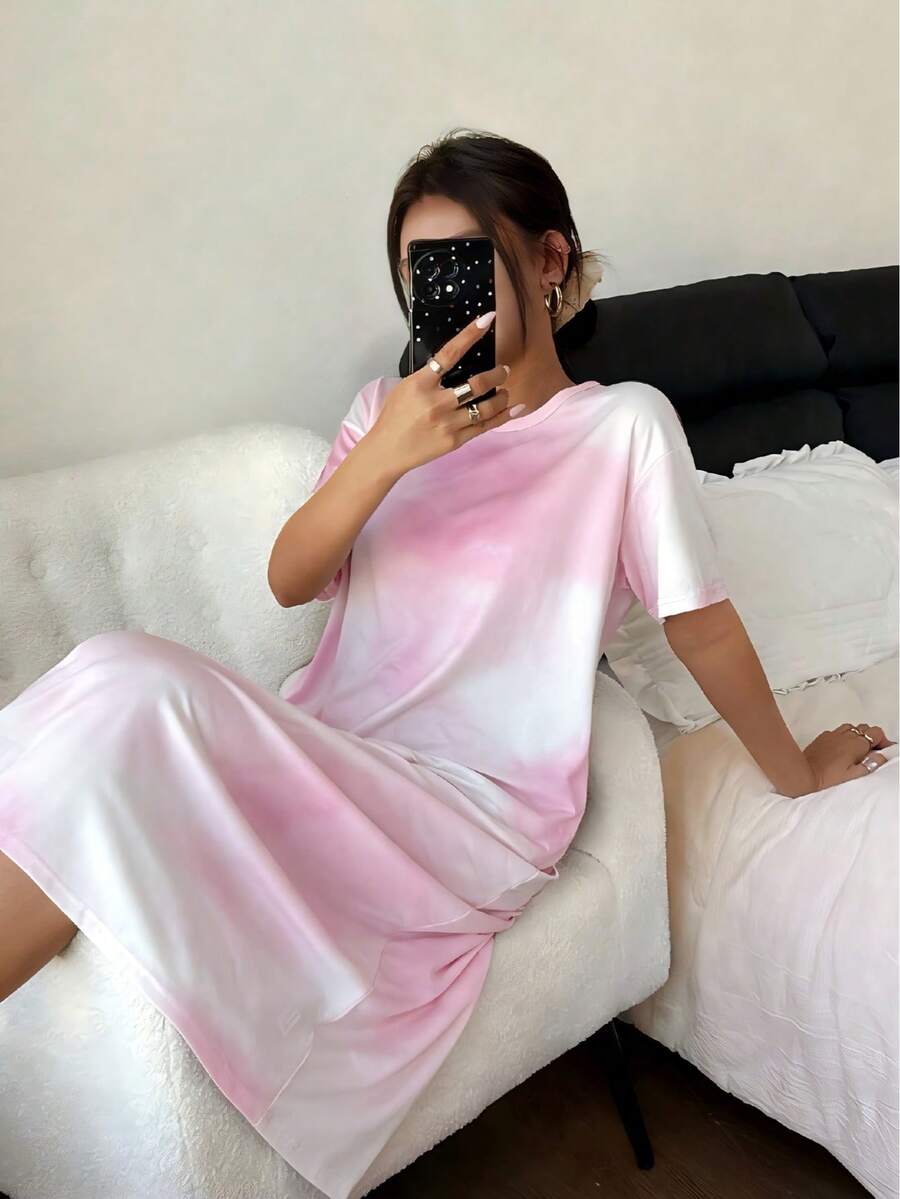 Dreamivo Women's Short Sleeve Long Nightgown, Pink Tie Dye Sleepwear Dress, Loose Fit Long Dress, Soft Comfortable Sleepwear Dress, Gentle Girly Style, Spring/Summer - Pink - View 1