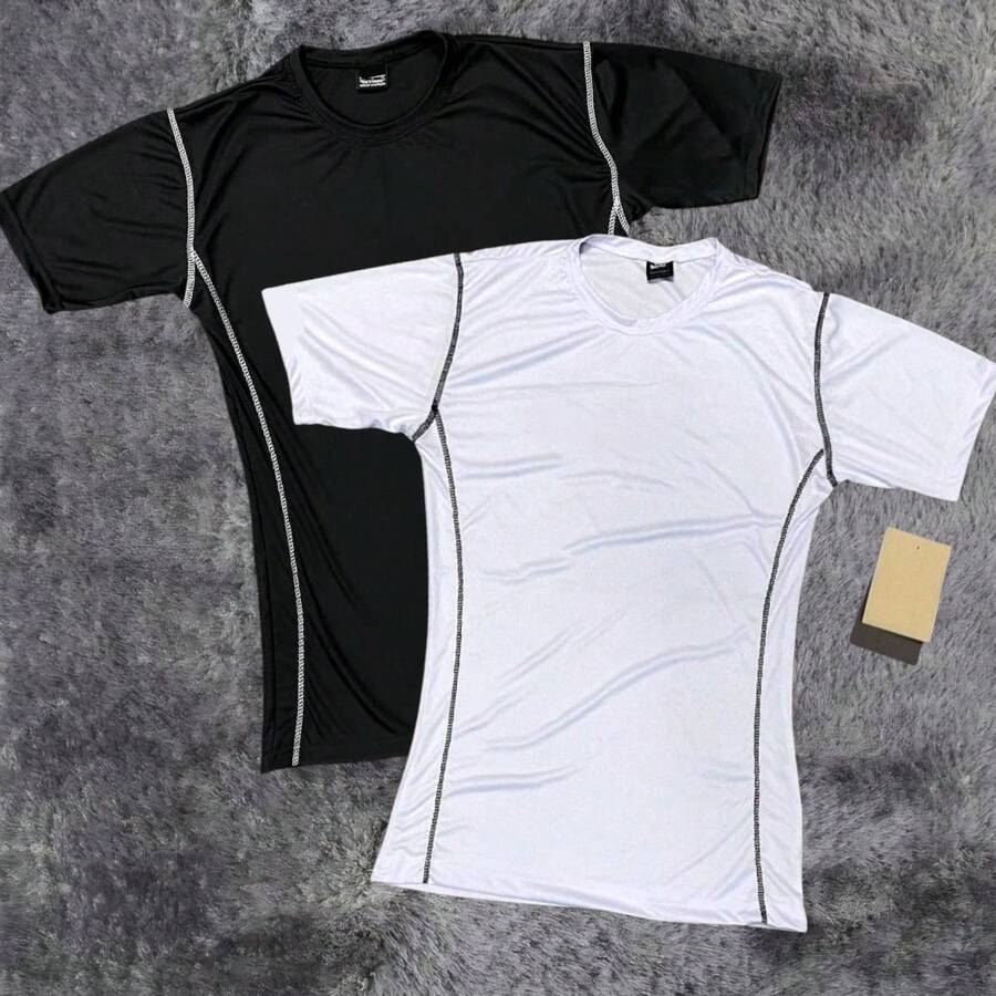 Men's Premium Compression T-Shirt Pro Gym Workout Short Sleeve - 1 Negro + 1 Blanco con Estampado - Ver 1
