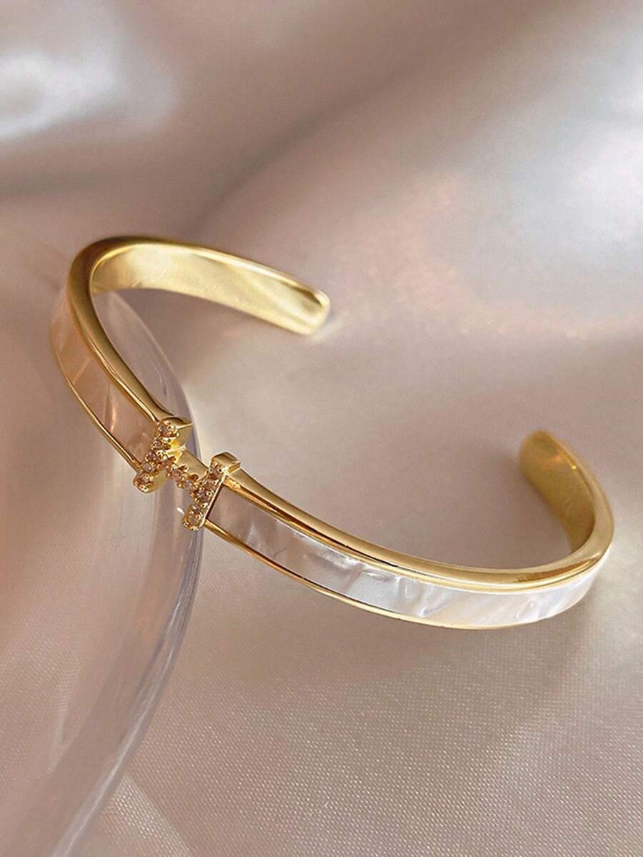 1件不锈钢镀金锆石字母手镯，奢华优雅通勤配饰，新款时尚饰品 - H貝殼手鐲 - 查看 1
