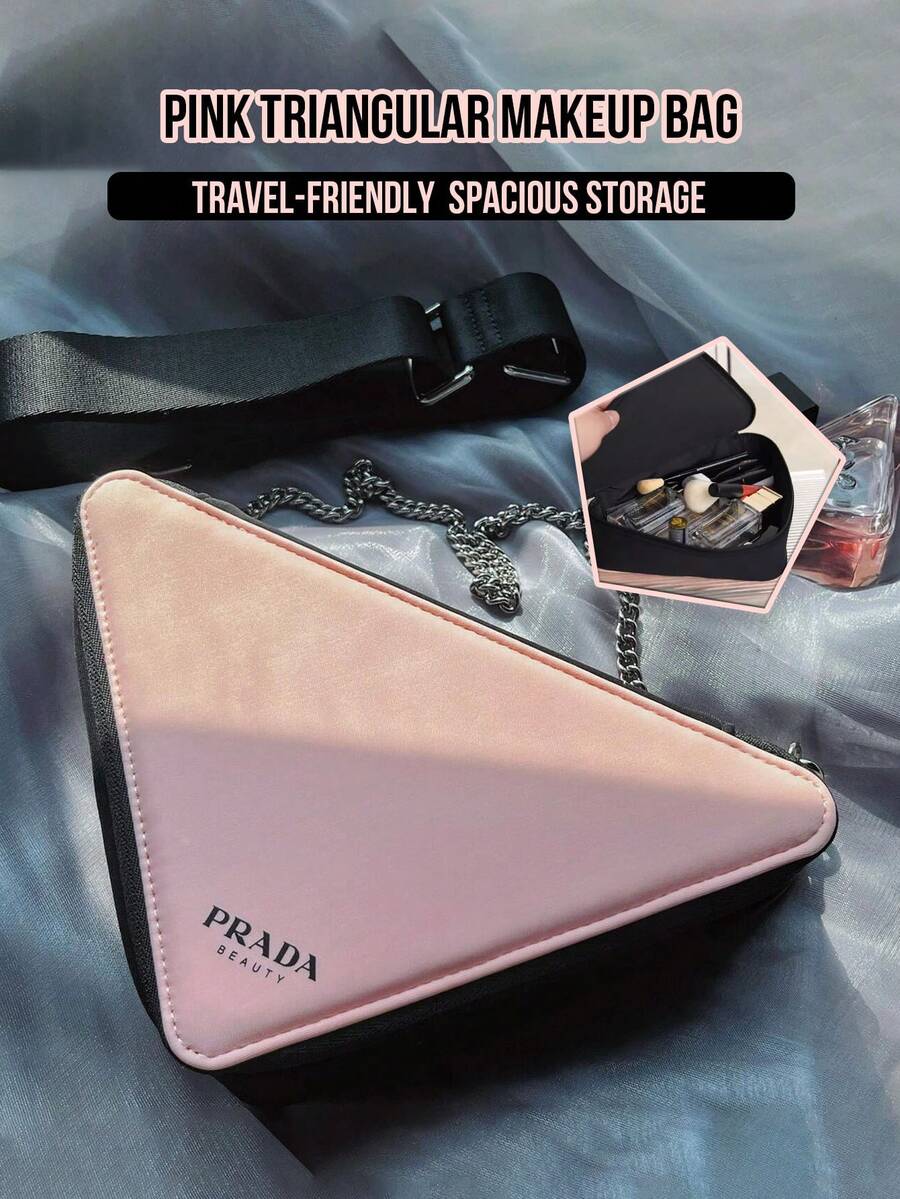 Prada 化妆包，粉色三角形，缎面质感，拉链封口，宽敞多口袋设计，轻便易携，方便旅行，易清洁面料，多功能收纳，尽显奢华美感，适合化妆师、旅行者、学生、专业人士，是送给女性的完美礼物，也适用于日常通勤、商务旅行、度假、健身、居家收纳、约会、派对等场合。