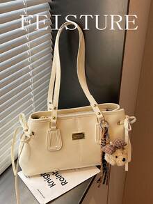 1pc Fashion Lace-Up One Shoulder Underarm Bag, Large Capacity Women's Commuter Bag, (Sold With Pendant) Suitable For Daily Outings, Dates, Commuting - White - View 8