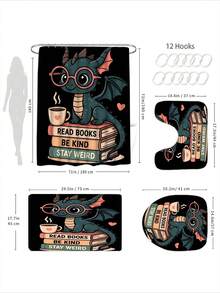 1/4件套恐龙印花防水浴室帘套装，包含浴帘、挂钩、防滑垫、U型垫和马桶盖套，加厚涤纶材质，防止积水。 - A - 查看 3